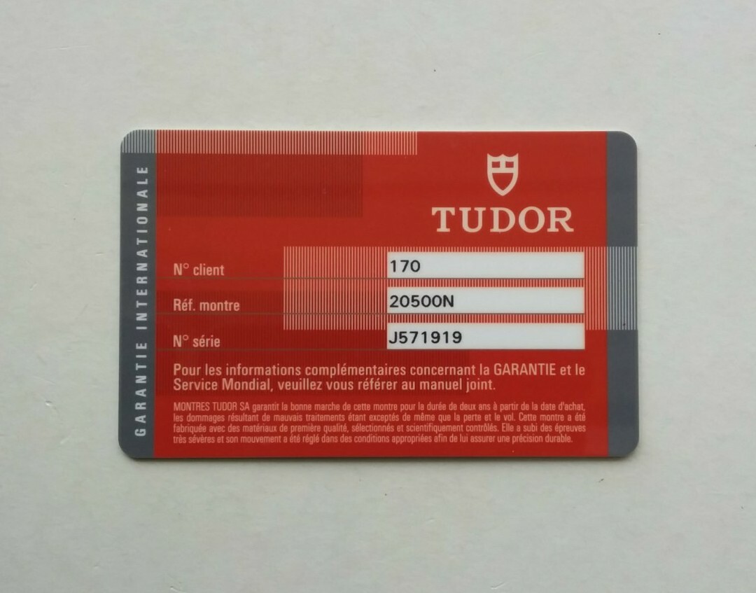 Tudor Rolex Warranty Card 20500N
