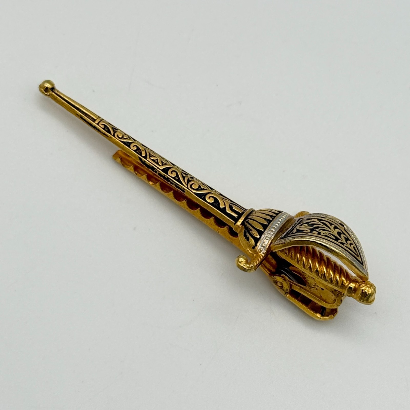 Vintage Sword Tie Bar Clip Damascene Gold Silver Black 2.5″ Rapier Spanish