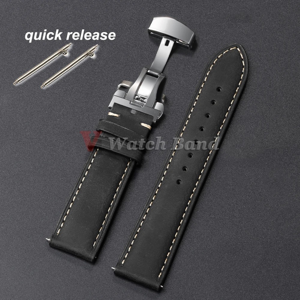 Genuine Calfskin Leather Watch Band 18mm 20mm 22mm Butterfly Buckle Strap