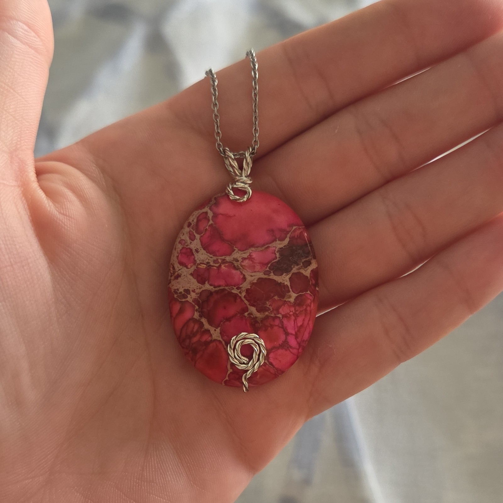Handmade Wire-Wrapped Pink Oval Stone Pendant Necklace (Chain included)