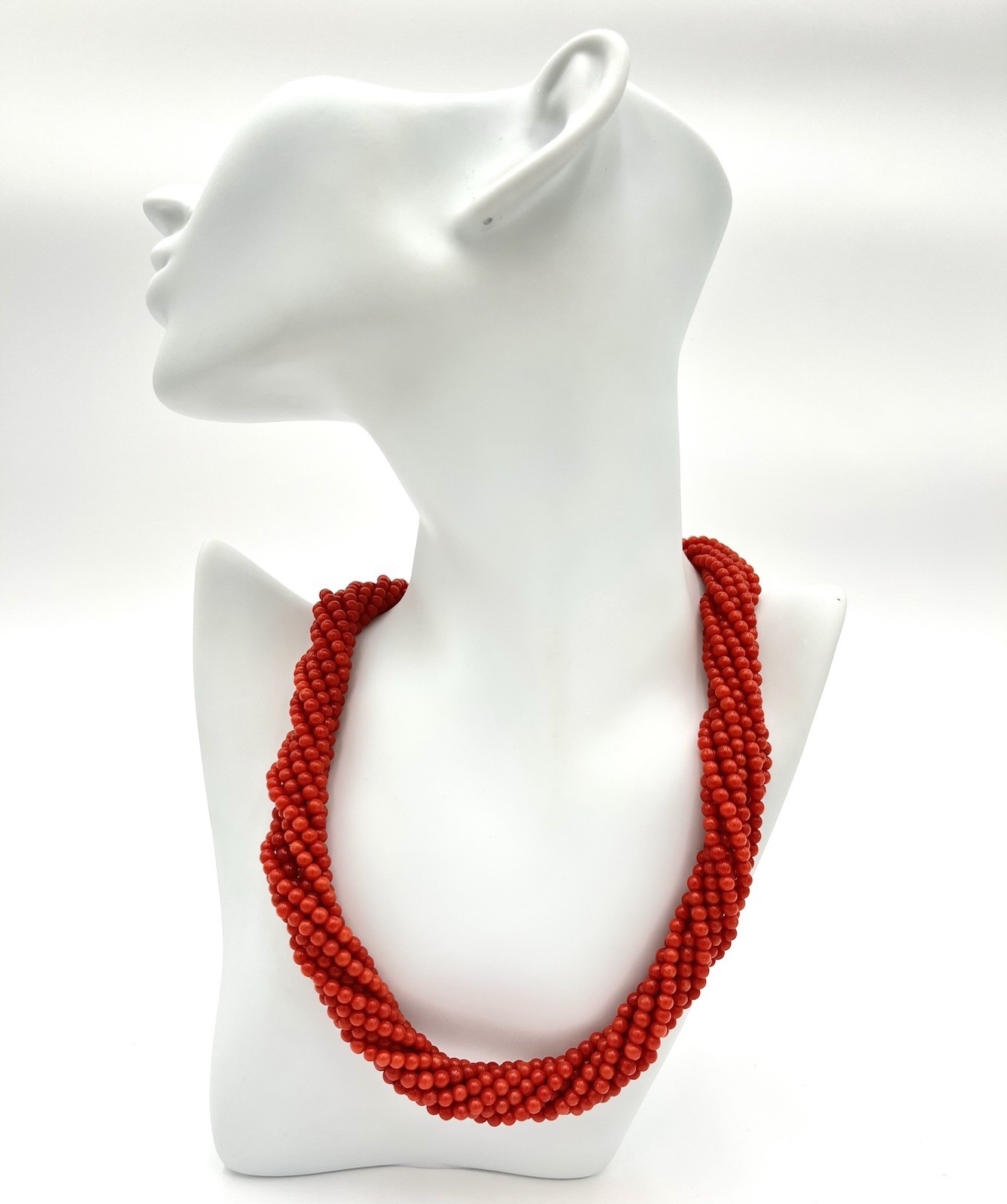 Mediterranean Red Coral Torchon Necklace 9 Strands 4mm 18kt Gold Natural Handmade