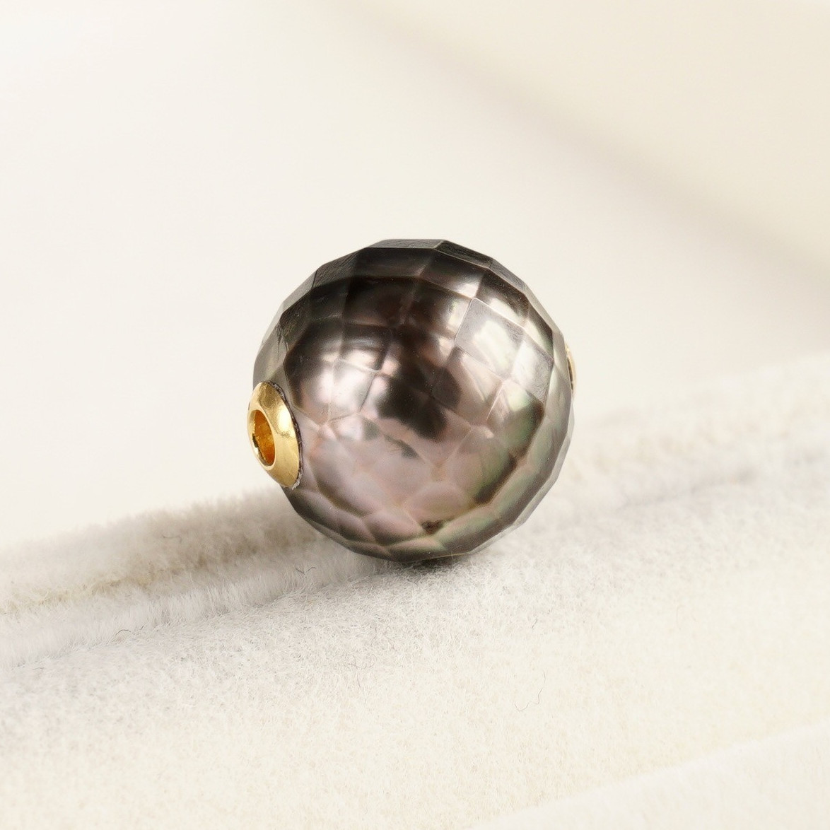 Faceted 10.8mm Round Gray Tahitian Loose Pearl, Full Drilled, 18Kt Yellow Gold