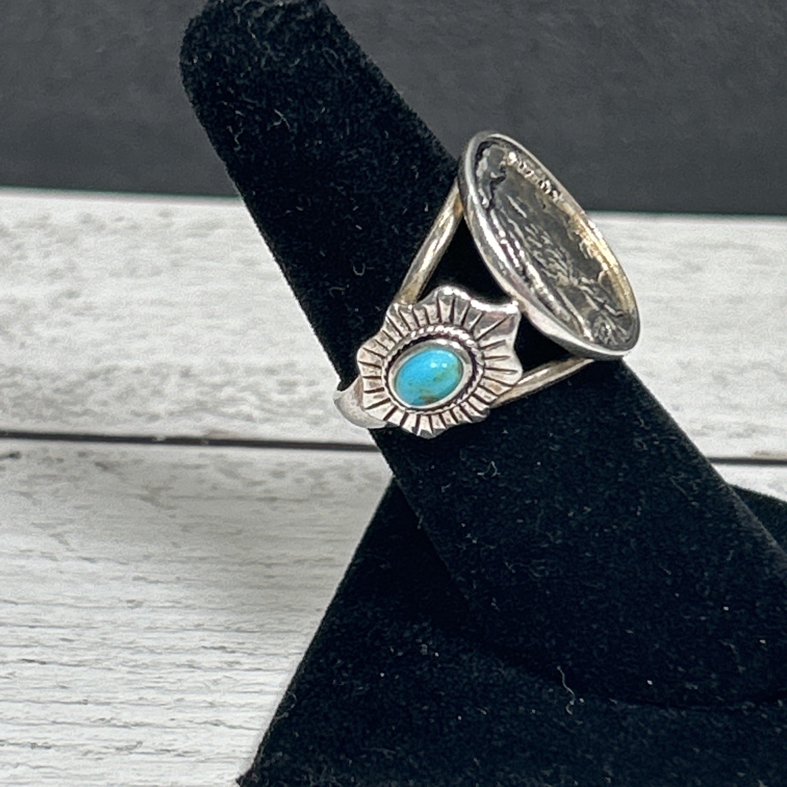 Vintage Silver 925 Navajo 1937 Indian Head Nickle Turquoise Ring Signed BBJ Sz 7
