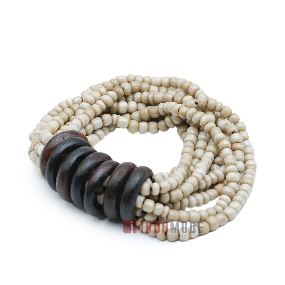WOMEN’S BALI BRACELET Bone White 10-Strand 2-3mm Glass Beads Elastic 6.5-7.5inch