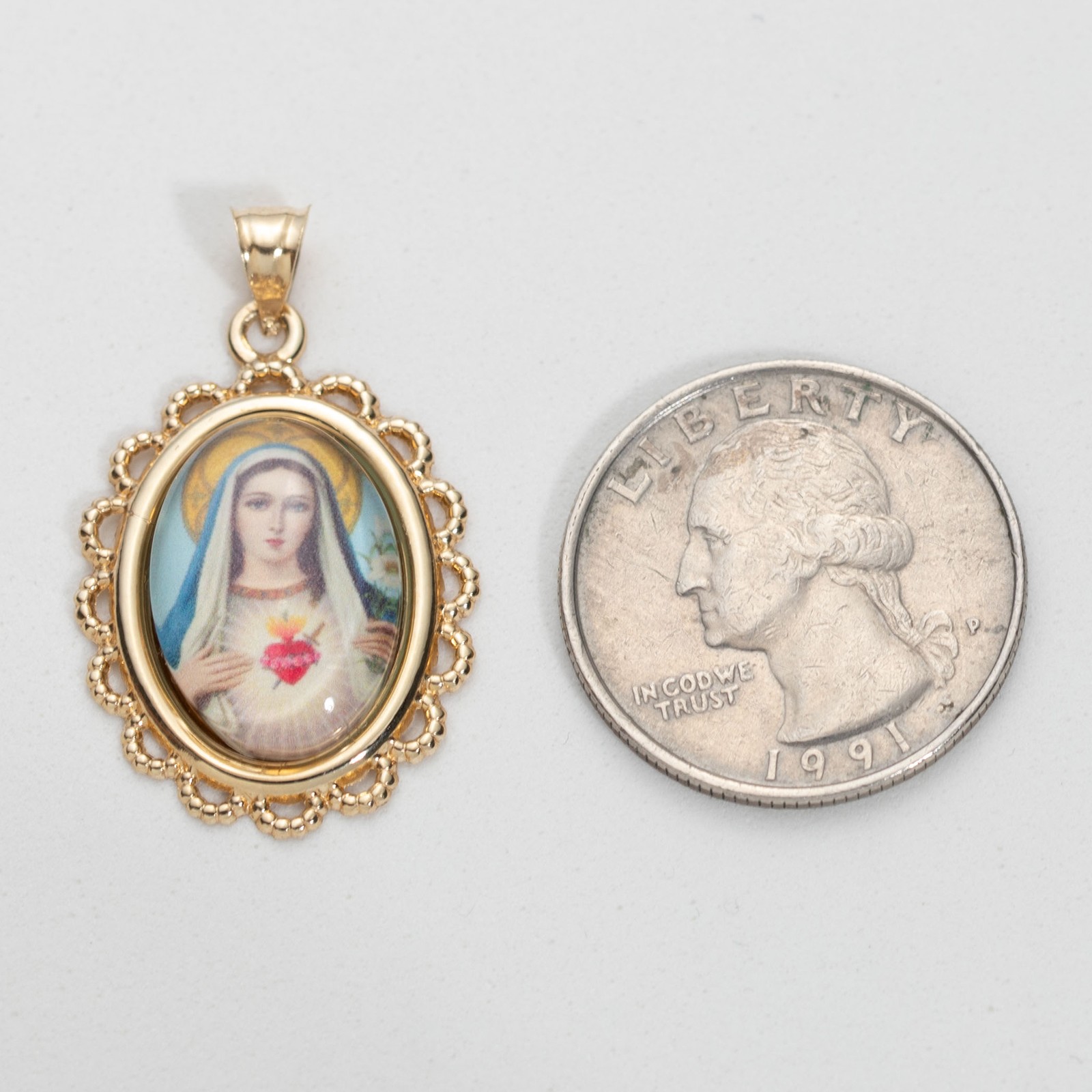 Pendant 14K Gold Dome Sacred Heart of Mary Picture 1 3/8″ Yellow Gold
