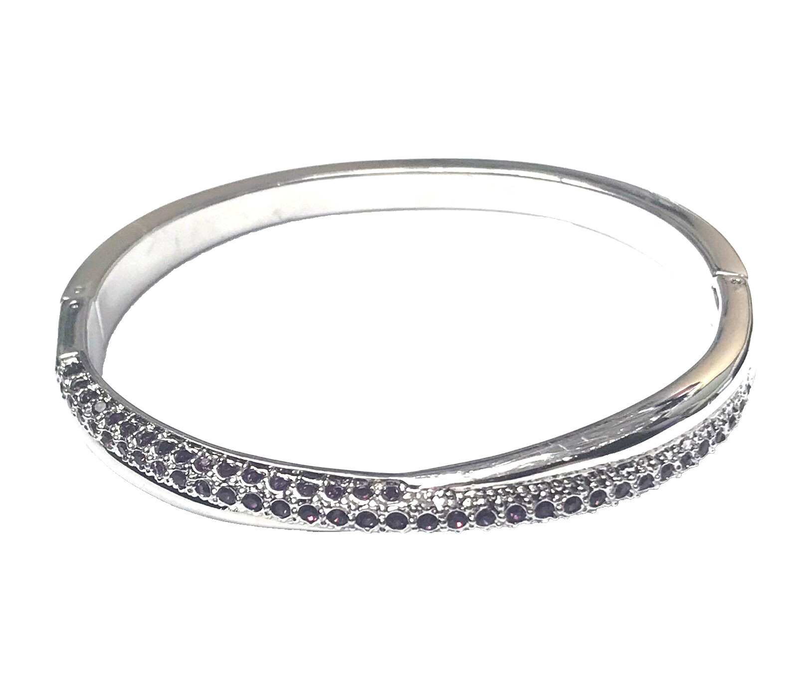 Silver Tone 1/2 Inch Wide Purple Crystal Rhinestone Hinged Bracelet 7 Inch