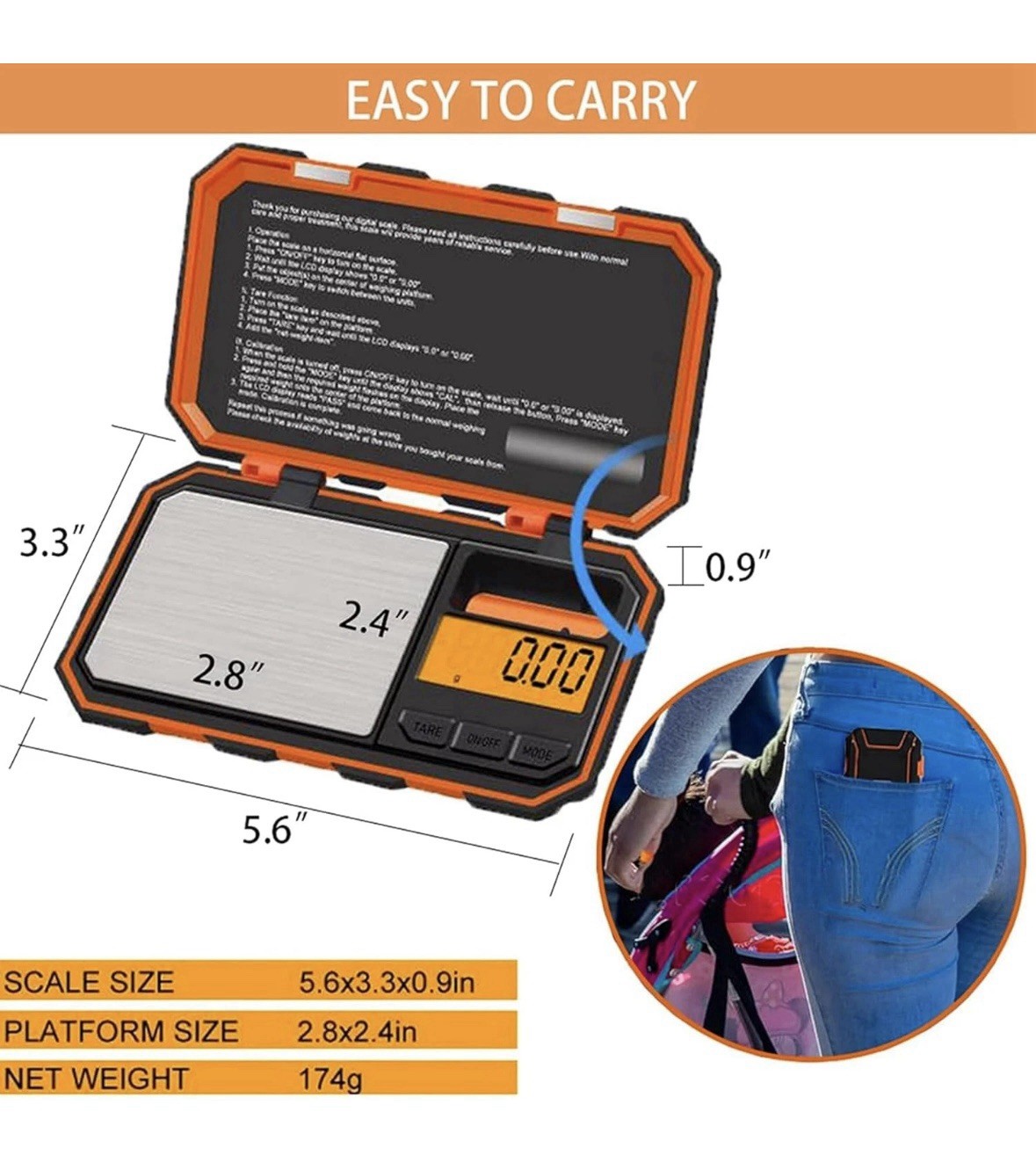 Orange Digital Pocket Scale 200g x 0.01g Jewelry Gold Gram Herb Karat Weight
