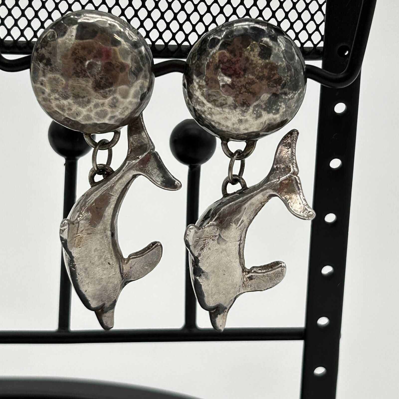 Vintage Signed Susan Cummings Sterling Silver Dolphin Dangle Clip On Earrings