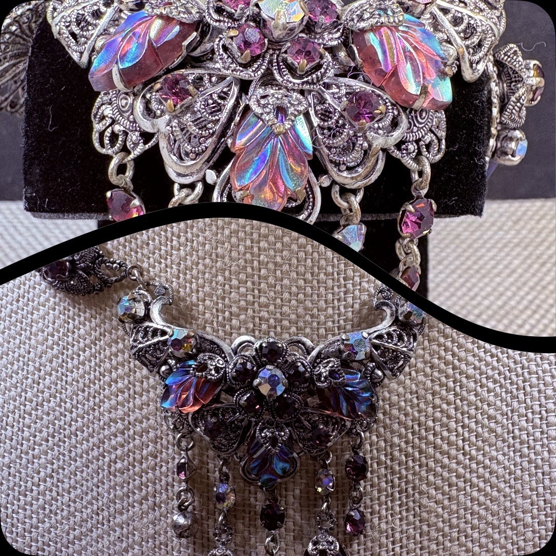 Vintage Western Germany Pink AB Glass Floral Rhinestone Choker Necklace 15 Signe