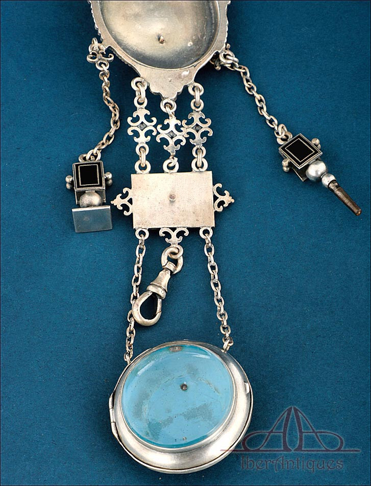 Antique French Chatelaine Silver-Plated Metal and Enamel. France, Circa 1840