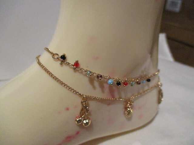 AVON Summertime Fun 2 Piece Anklet Set Goldtone “Fruits” 10″ Beaded w/3 Fruits