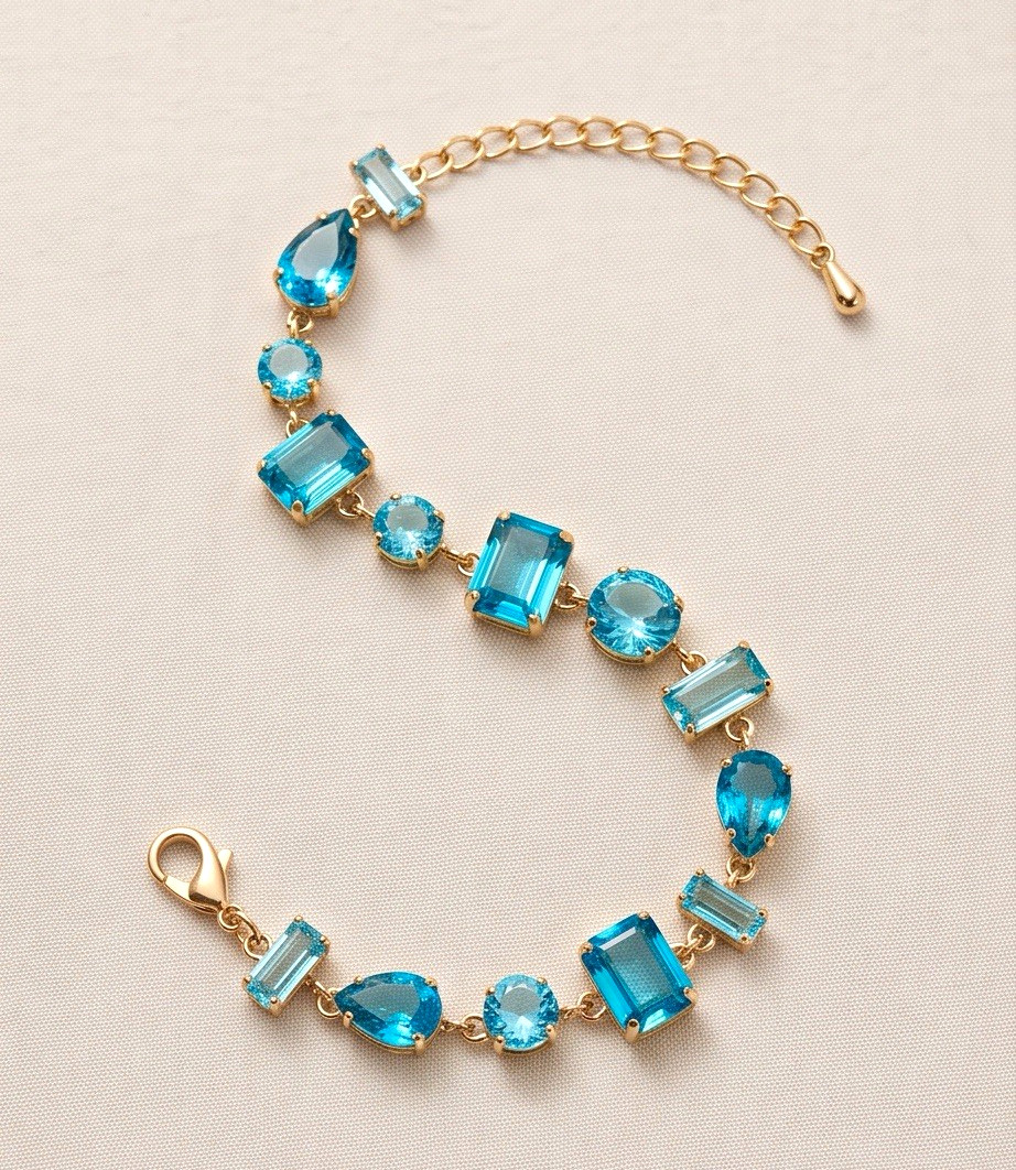 Gold Plated Multi-Cut Aquamarine Blue Cubic Zirconia Statement Bracelet
