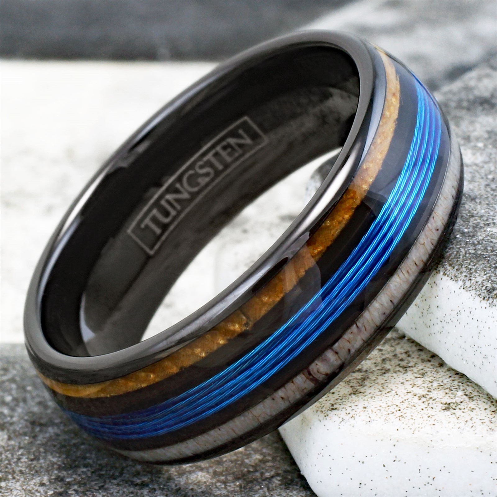 Tungsten Carbide Men’s Ring Blue Fishing Line-Whiskey Barrel & Deer Antler Band