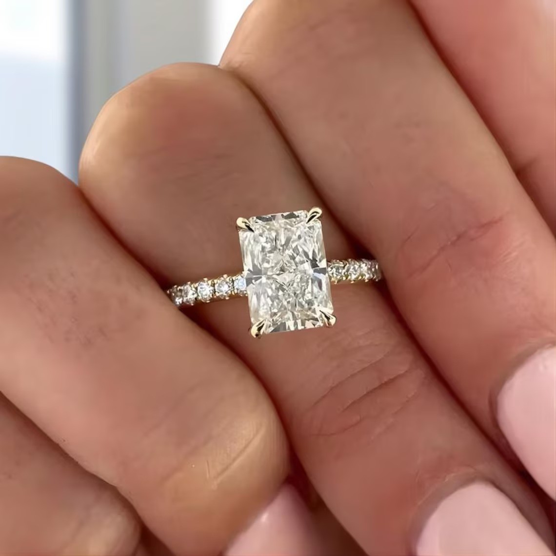 Emerald Cut Solitaire Moissanite Hidden Halo Engagement Ring For Women In 14Kt