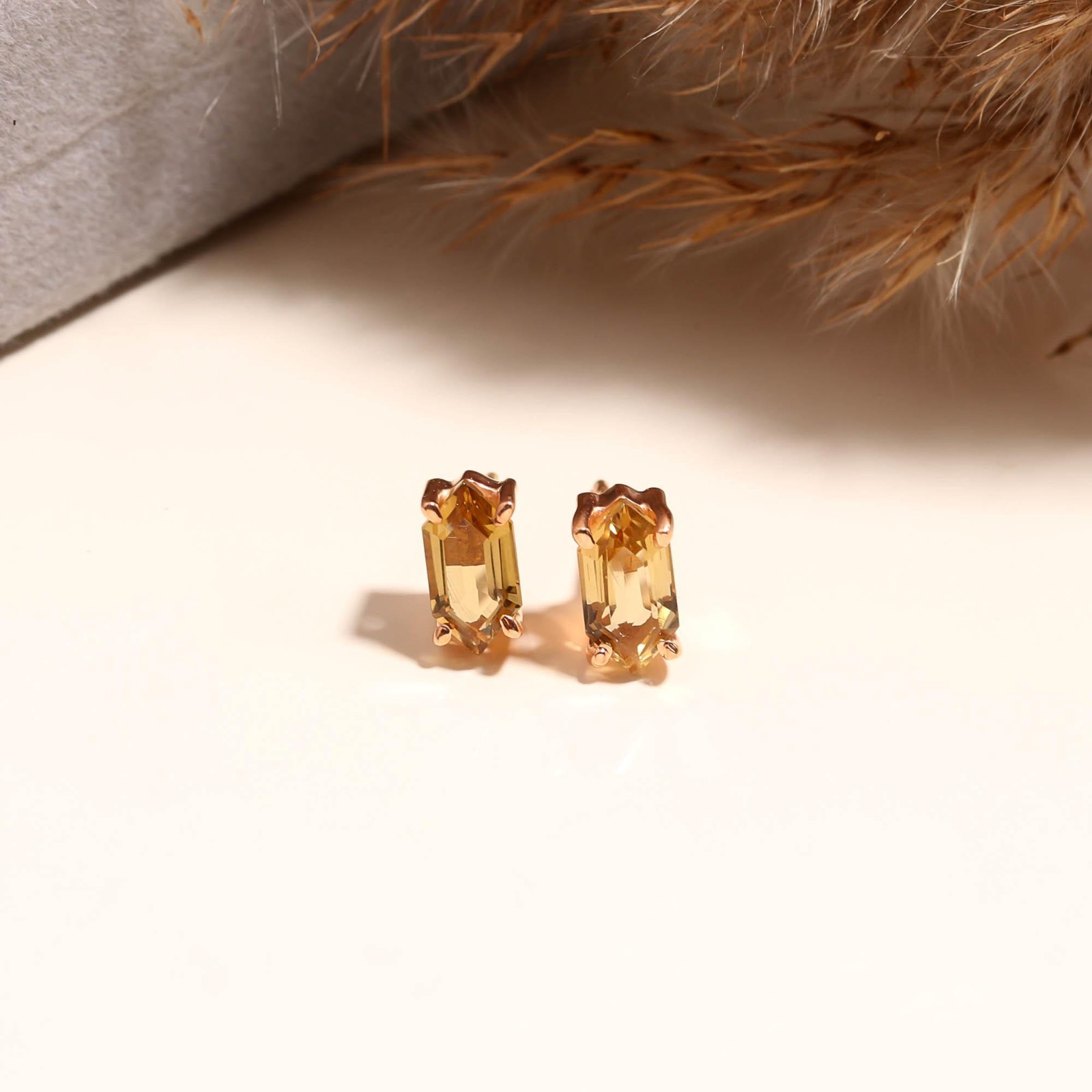 Natural Citrine Hexagon Stud Earrings Rose Gold Fill 925 Sterling Silver Jewelry