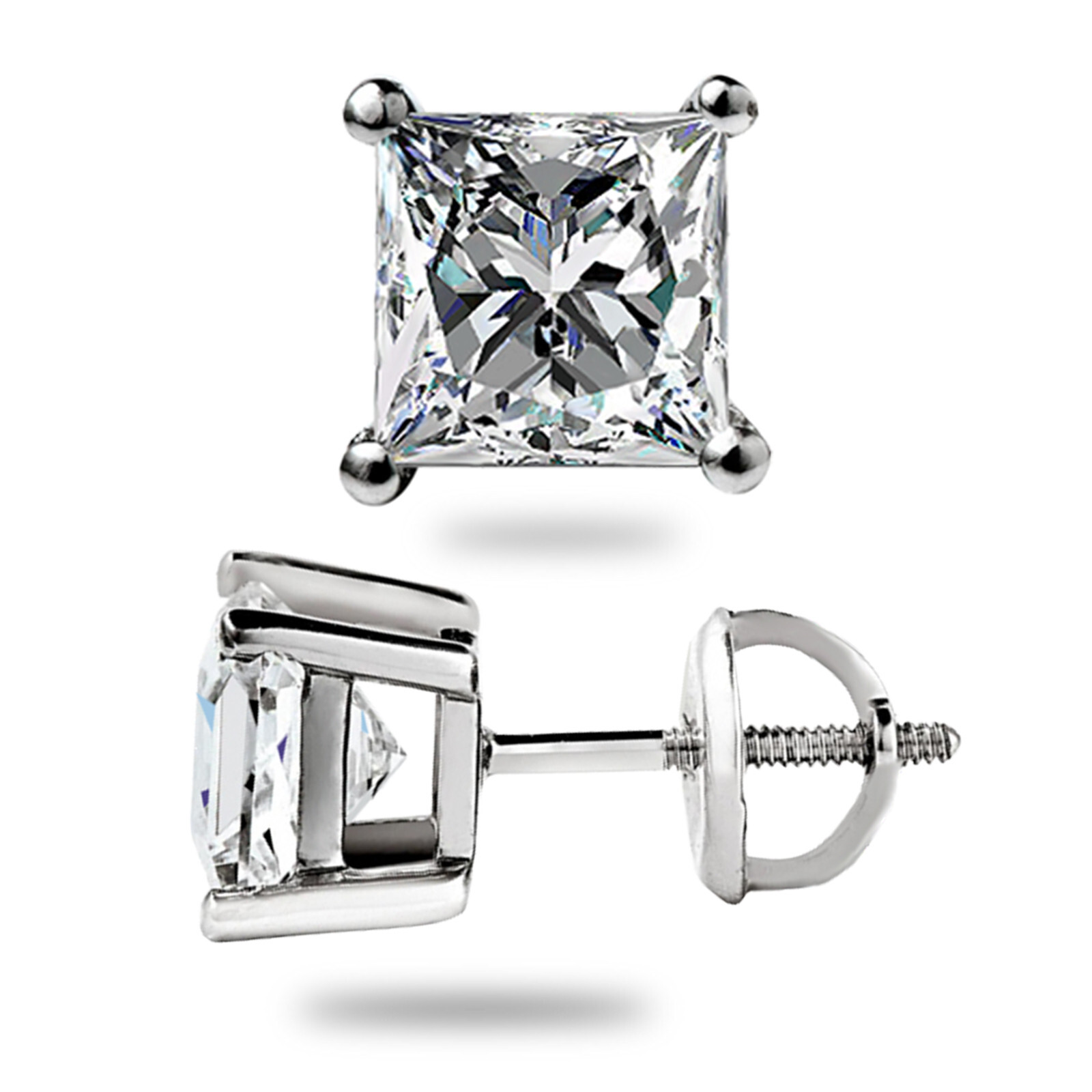 1.50 Ct Princess Cut Moissanite Stud Earrings Screwback Real 14k White Gold Gift