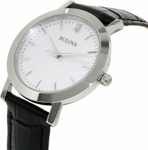 Bulova 96X132 Silver Tone White MOP Dial Black Leather Strap Womens Dress Watch