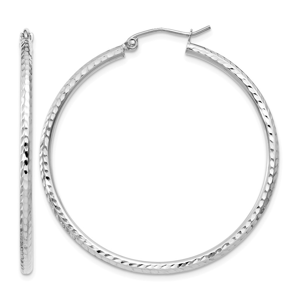 14K White Gold Diamond-Cut Round Tube Hoop Earrings 2mm 0.5-2.4in All Sizes