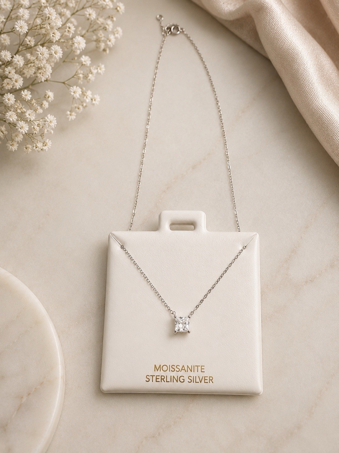 925 Sterling Silver 1.2 CTW Moissanite Princess Cut Pendant Necklace 6mm GRA cer