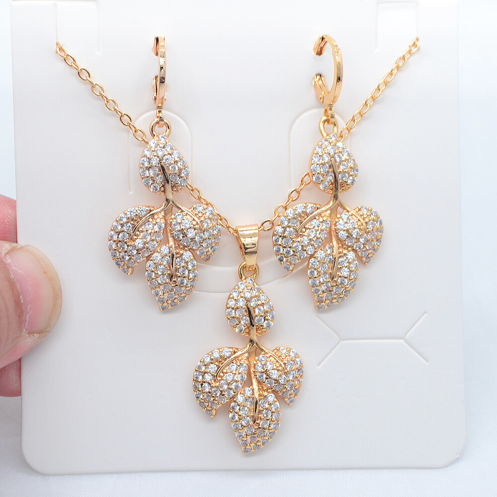 18K Yellow Gold Filled Multicolor Topaz Leaf Earrings & Pendant Jewelry Set