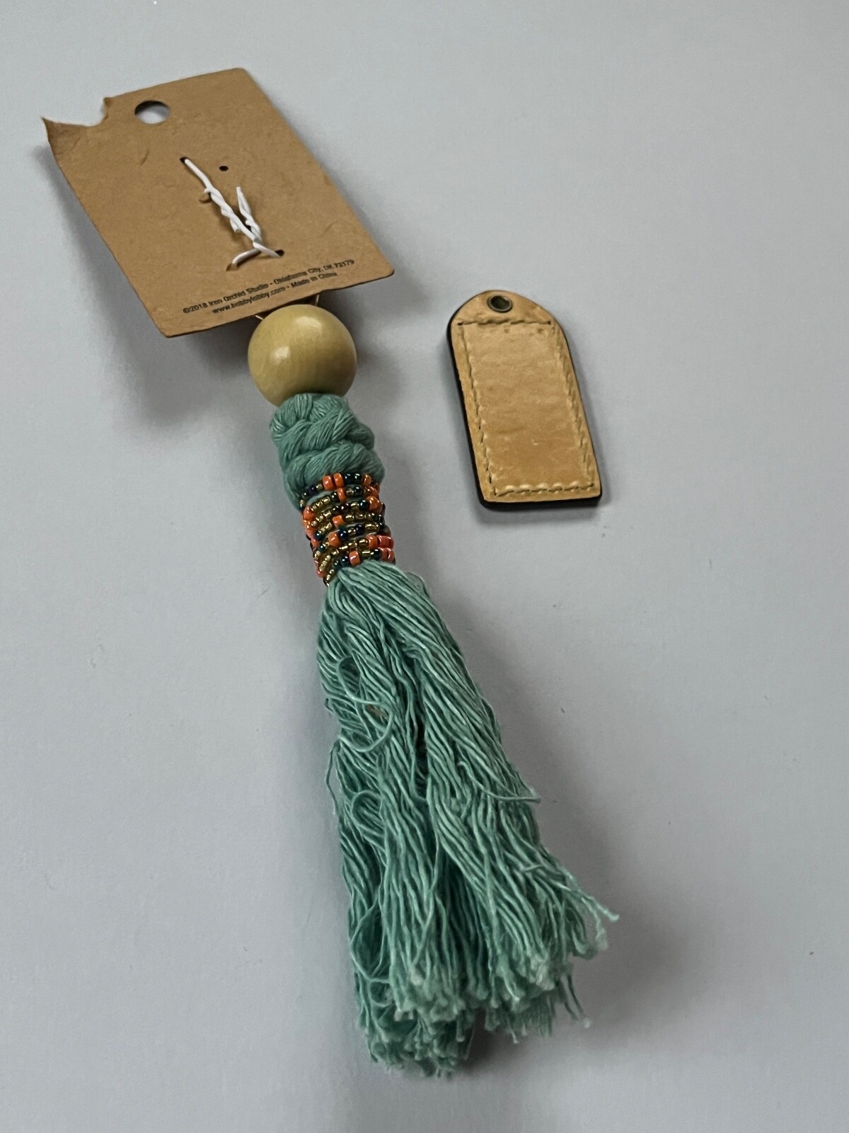 Lot of Iron Orchid Studio Blue Tassel w Orange Iridescent Beads Clip & Tan Leath