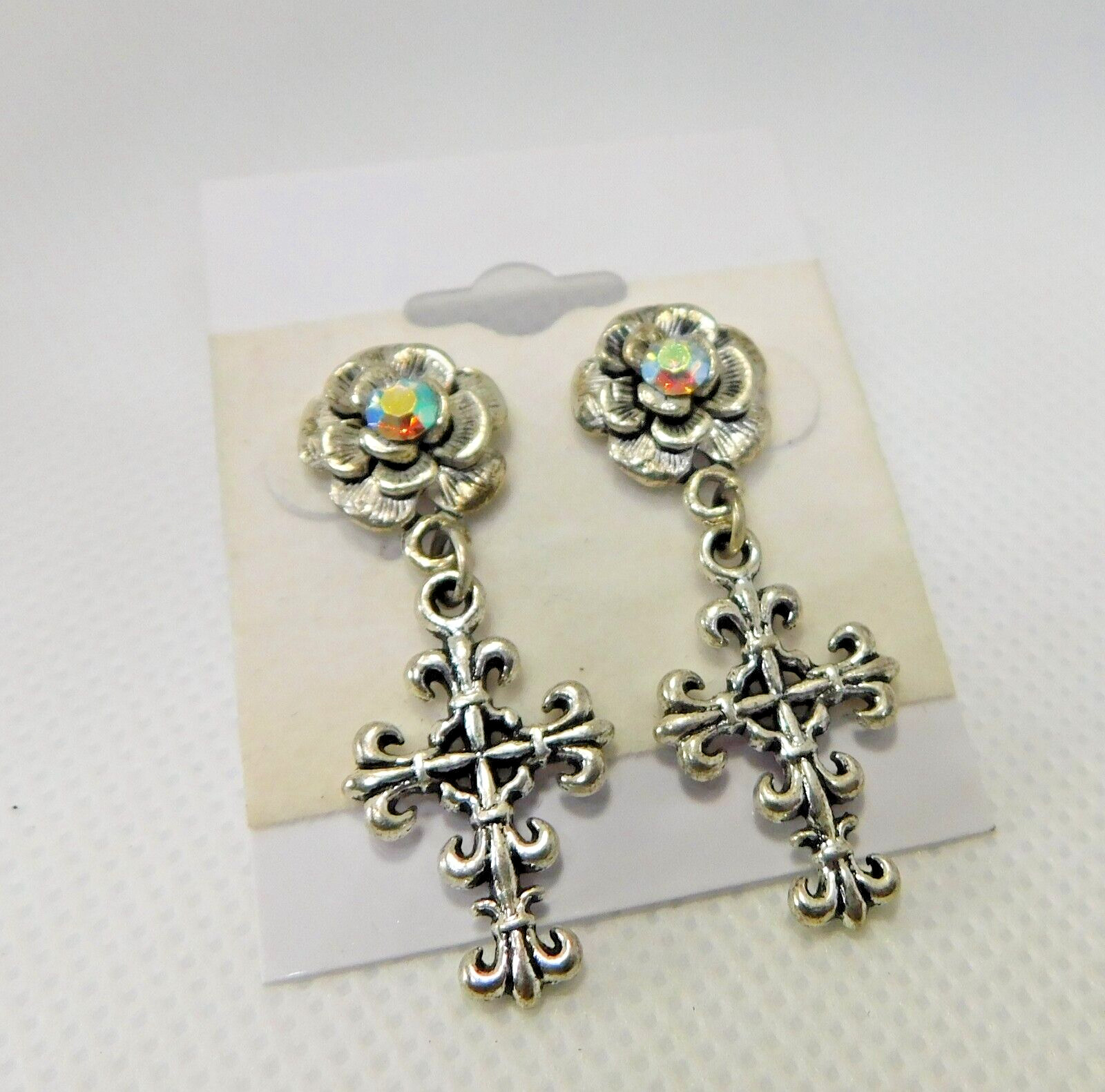 Elegant Filigree Cross, A.B. crystal earrings, Christian, Any Occasion, Gift