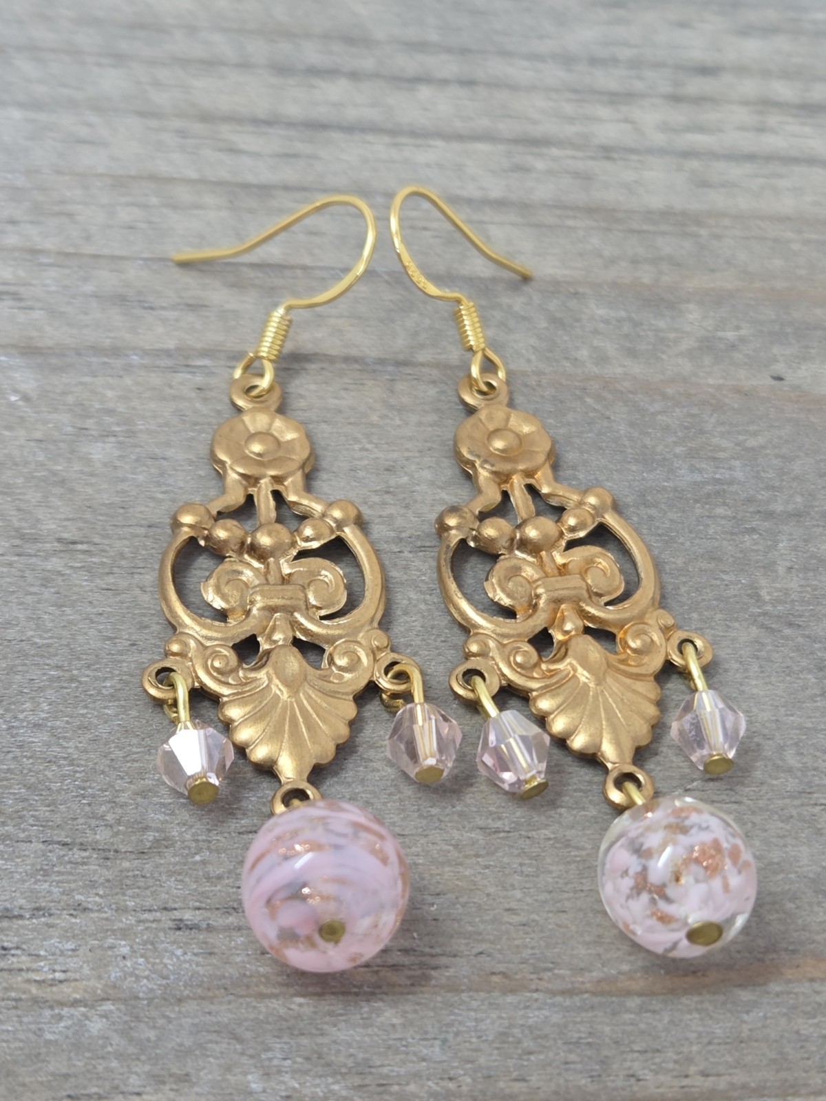 Light Pink Gold Murano Glass & Pink Crystal Dangle Drop Earrings Vintage 2 Inch