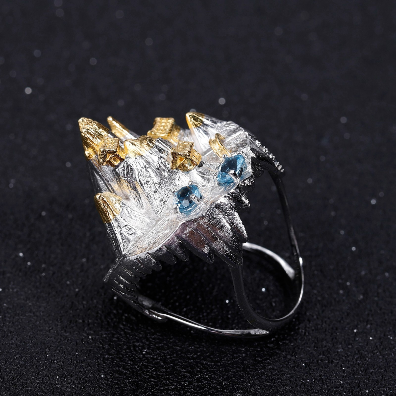 Natural Blue Topaz 0.86 CT Sterling Silver Gold Plated scenic Ring