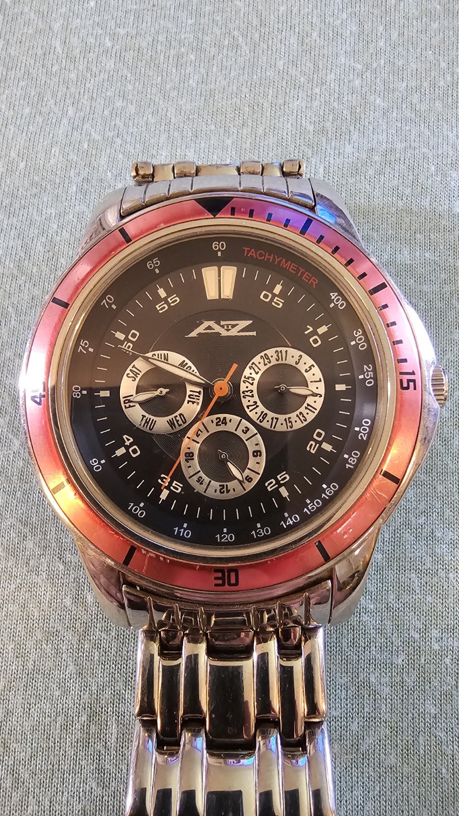 AZ II Mens Chrono Watch W/ tach. Black Dial Red Bezel Stainless Band
