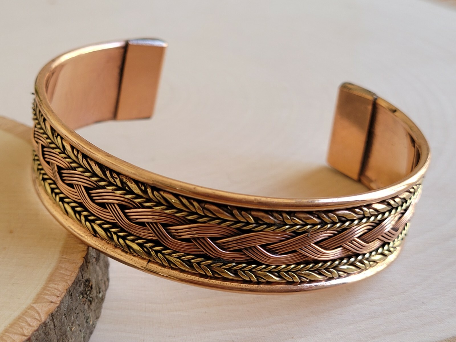 Solid Copper 2 Tone Wide Bangle Cuff – Copper Braided Cuffed Bracelet