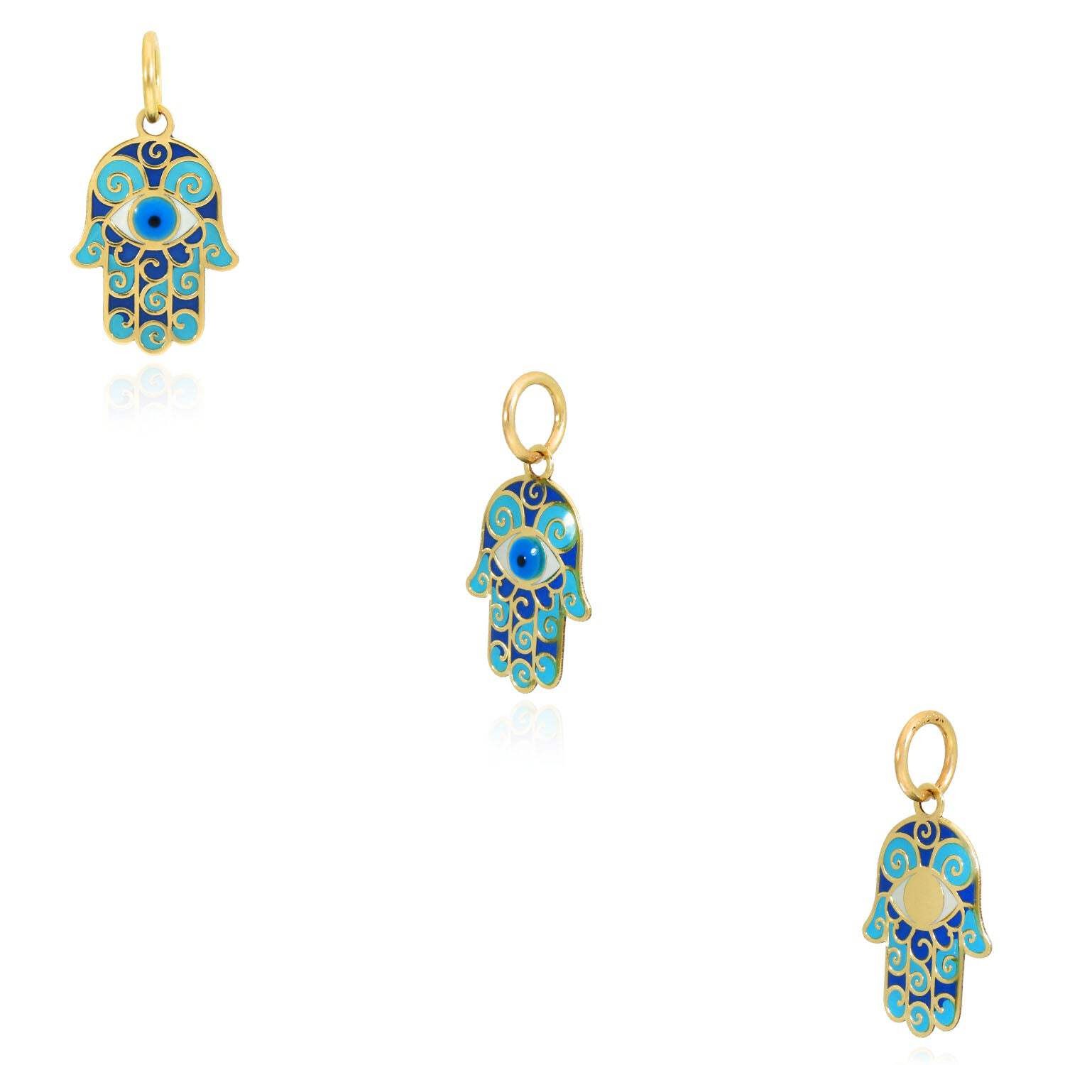 10K Yellow Gold Blue Enamel Hamsa Hand Evil Eye Pendant 0.9″