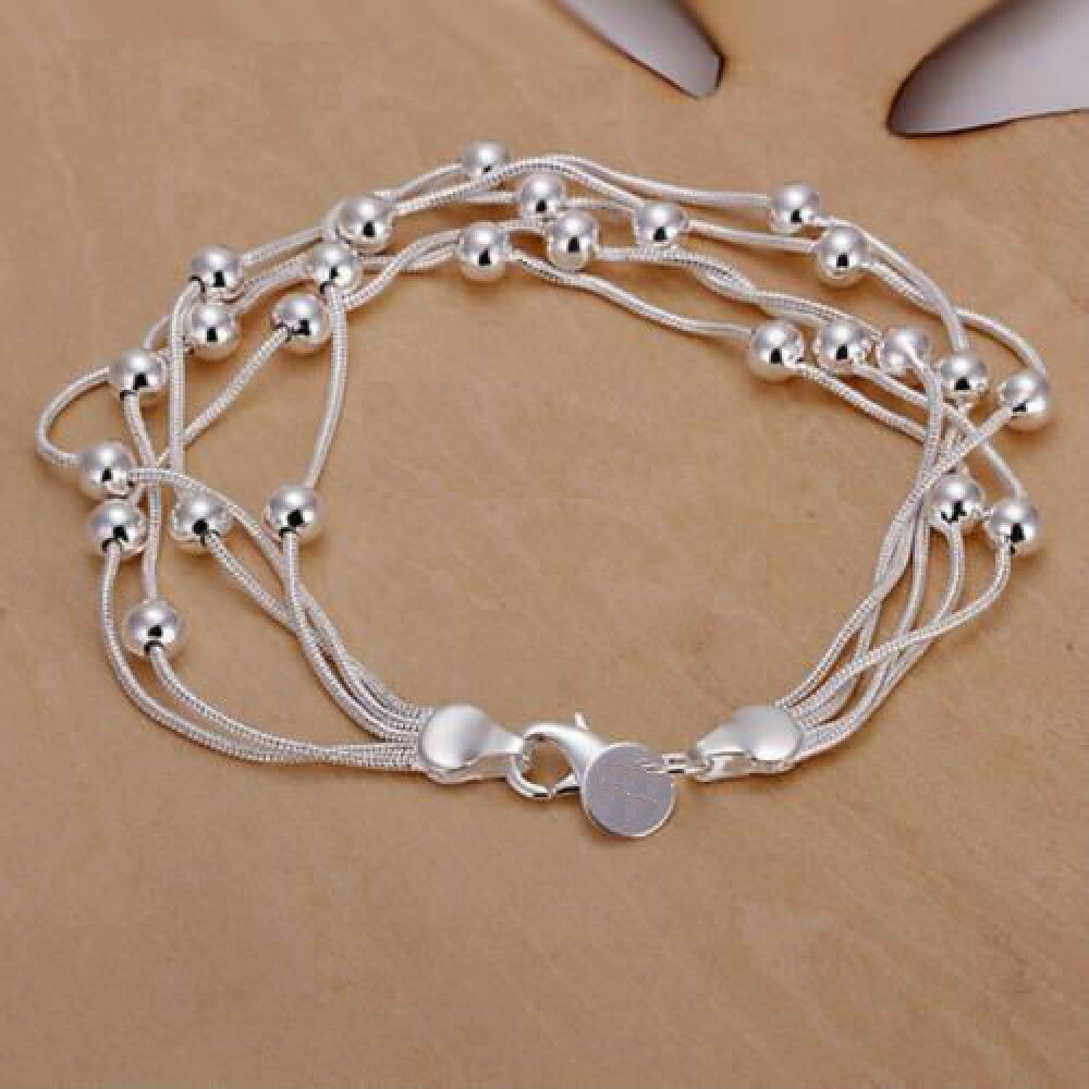 Women’s Sterling Silver 7″ Multi Row Snake Chain Ball Bead Bracelet Jewelry Gift