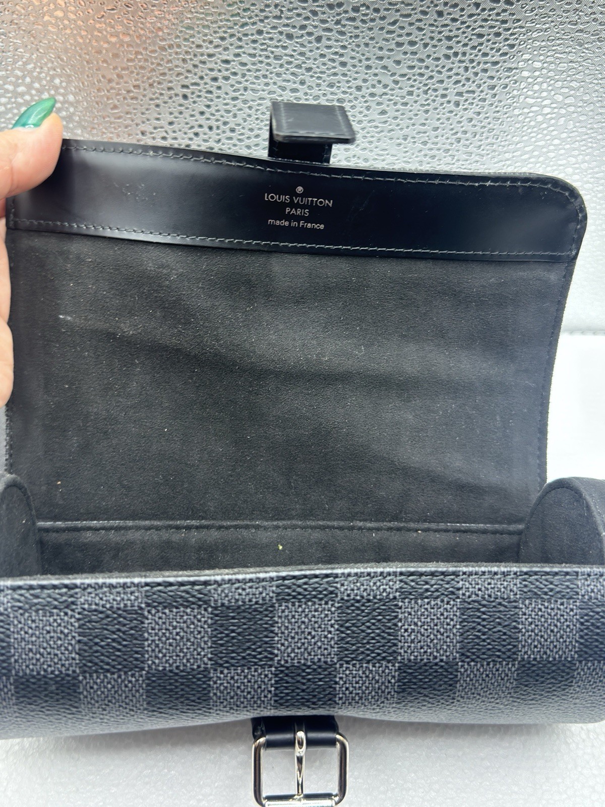 Louis Vuitton Leather Travel Pouch Black Gray Checkered Graphite