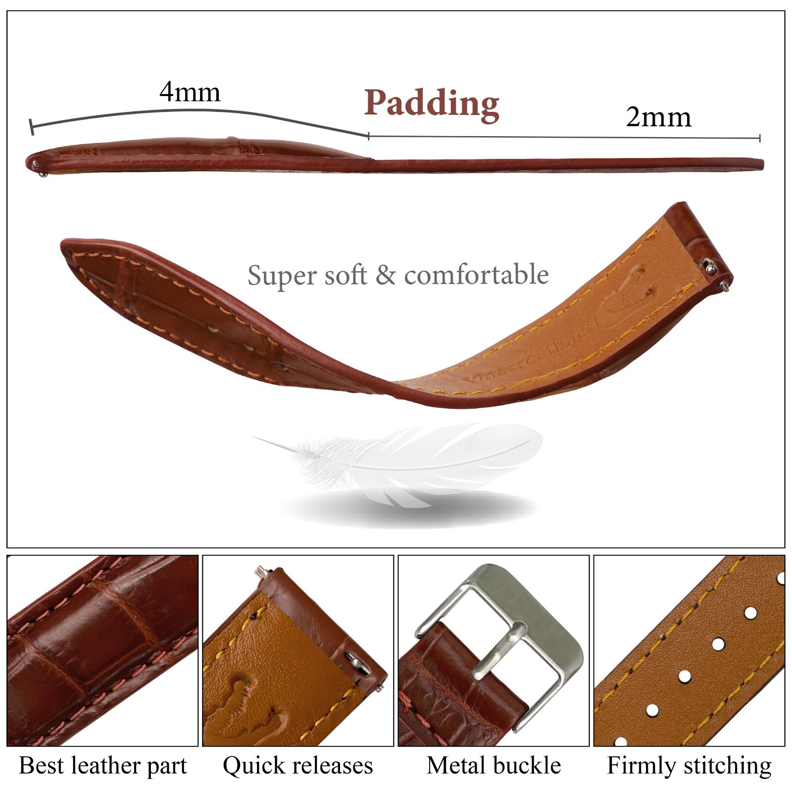 Brown Leather Watch Strap Real Crocodile Leather Padded Watch Band Men Classic