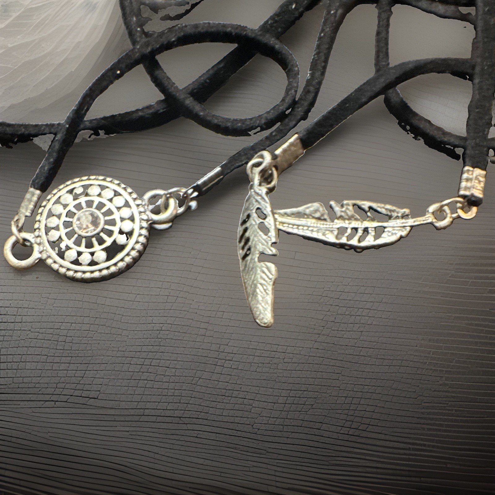 Black Cord Bohemian Necklace Silver Tone Round Charm Feather Pendants Adjustable