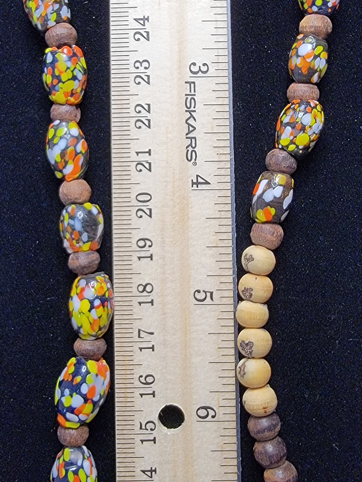 Vtg Wood Spacer Glass Trade Beads Black Blue Orange Yellow Necklace Roughly 32″