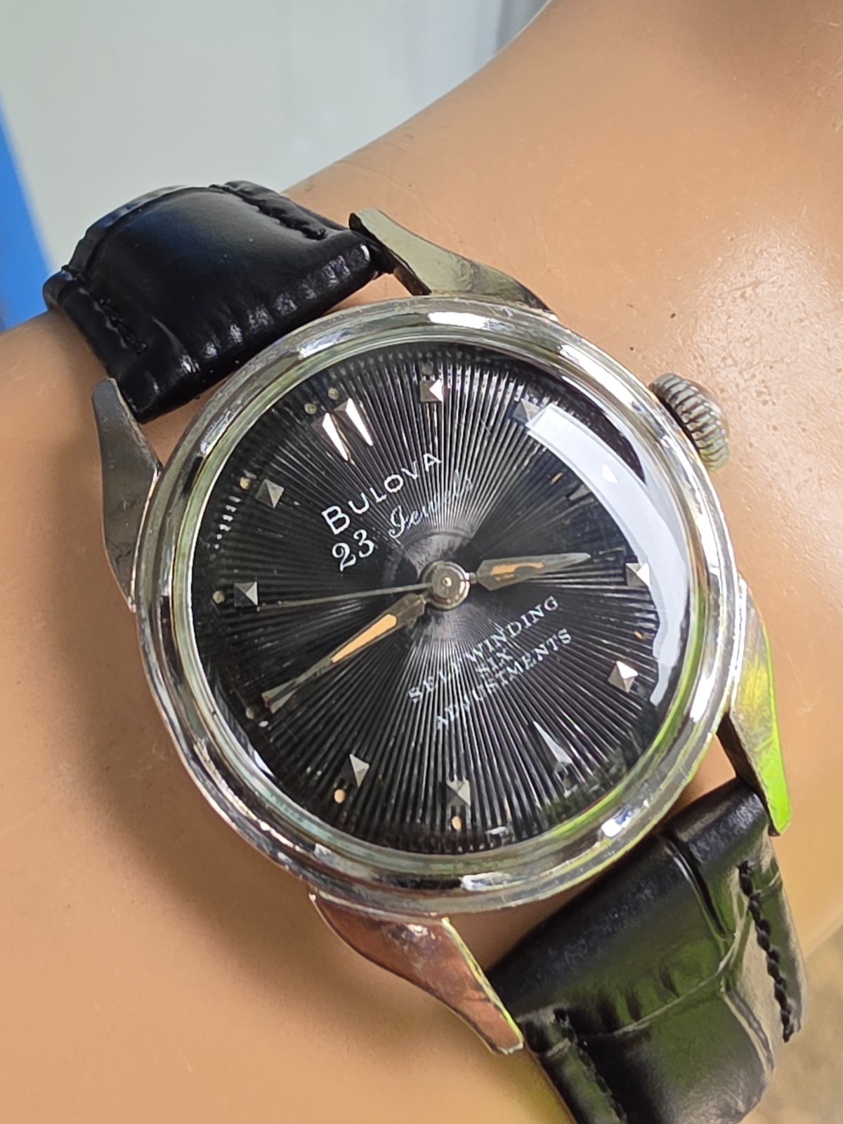 Vintage Bulova 23 “A” Men’s automatic watch 10K RGP Black Sunburst dial 1955