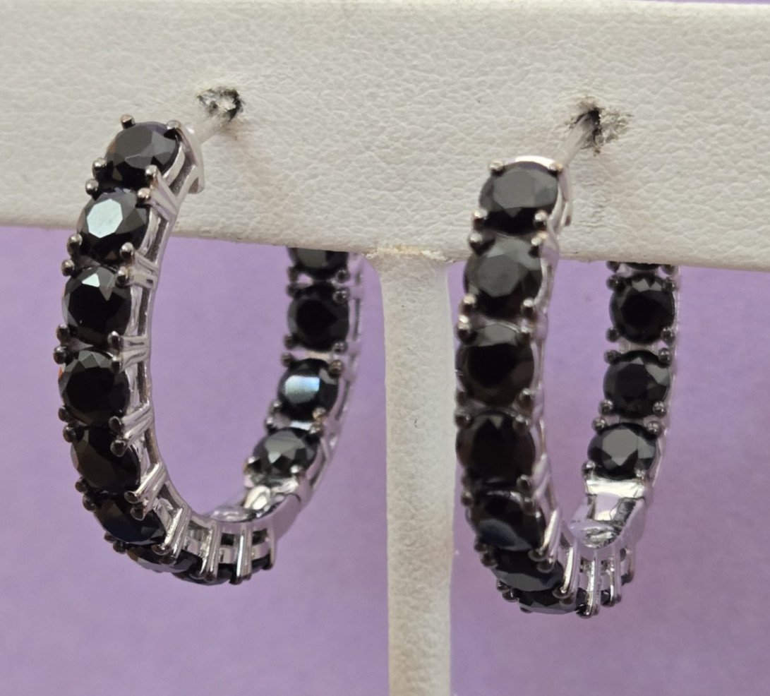 Natural Black Spinel Inside Out Hoop Earrings in Rhodium Over Sterling 9.0ctw