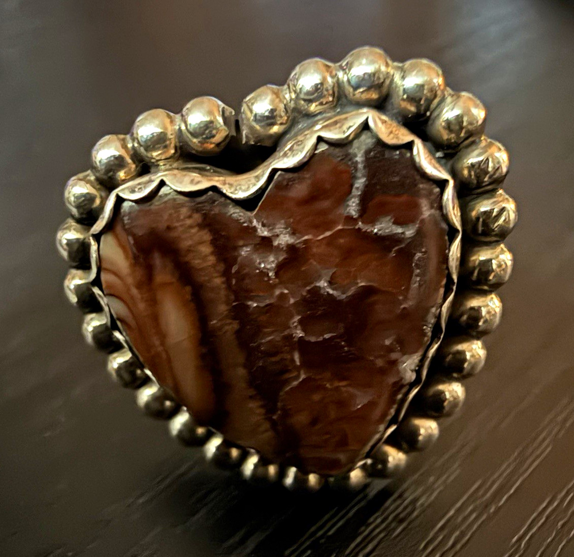 Herbert Tsosie Navajo HT Sterling Silver Heart Agate Ring Size 7 8.6gr