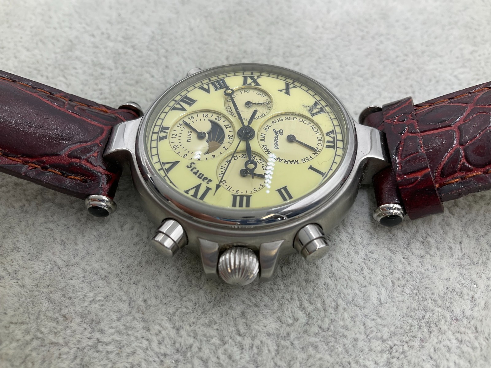 Stauer Graves 33 Five Face Automatic Men’s Watch Red Leather Strap working N6
