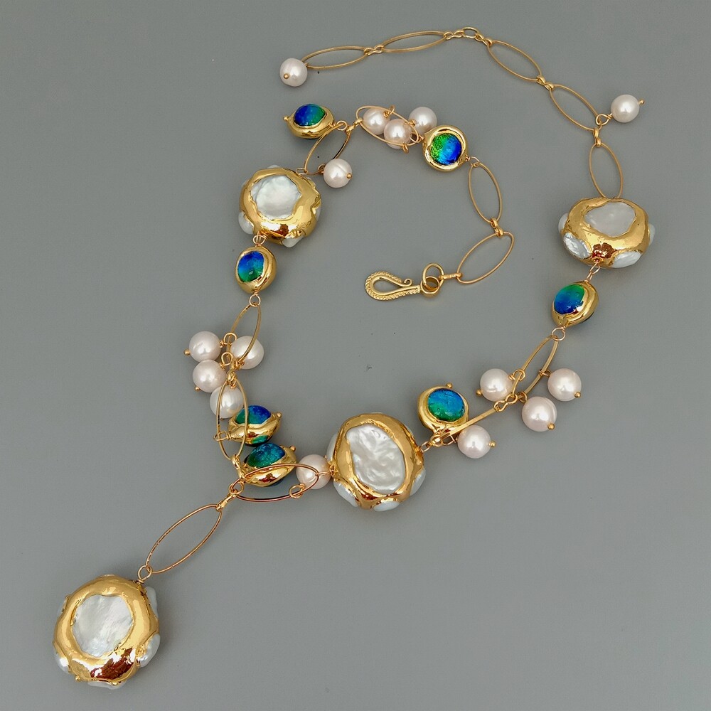 Freshwater Cultured White Keshi Pearl Blue Murano Glass Necklace 21″