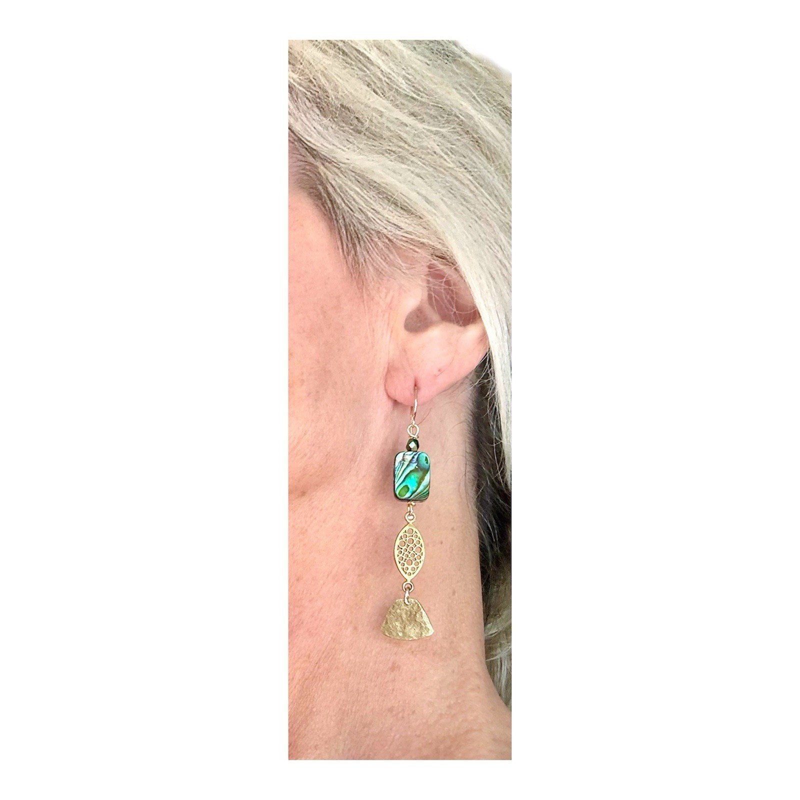 Hand-cut Sculpted Hammered Brass Abalone Czech Glass 14k Gold-filled Metal.