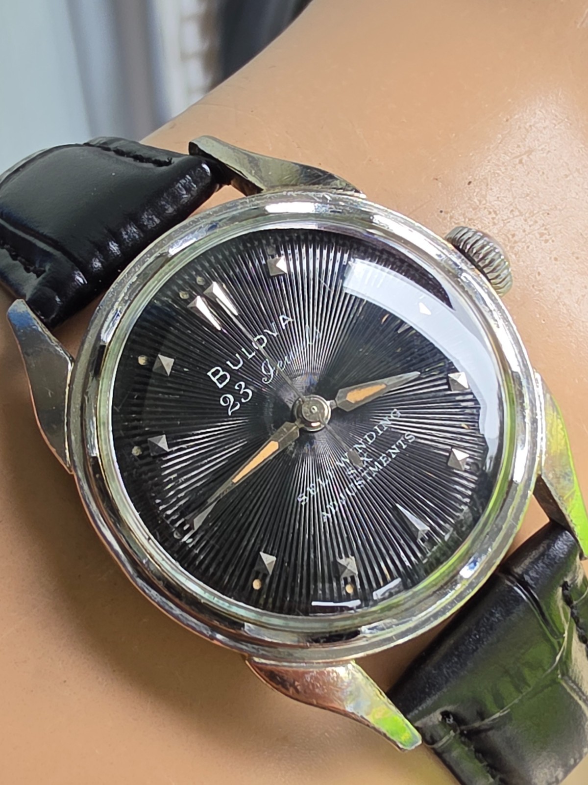 Vintage Bulova 23 “A” Men’s automatic watch 10K RGP Black Sunburst dial 1955
