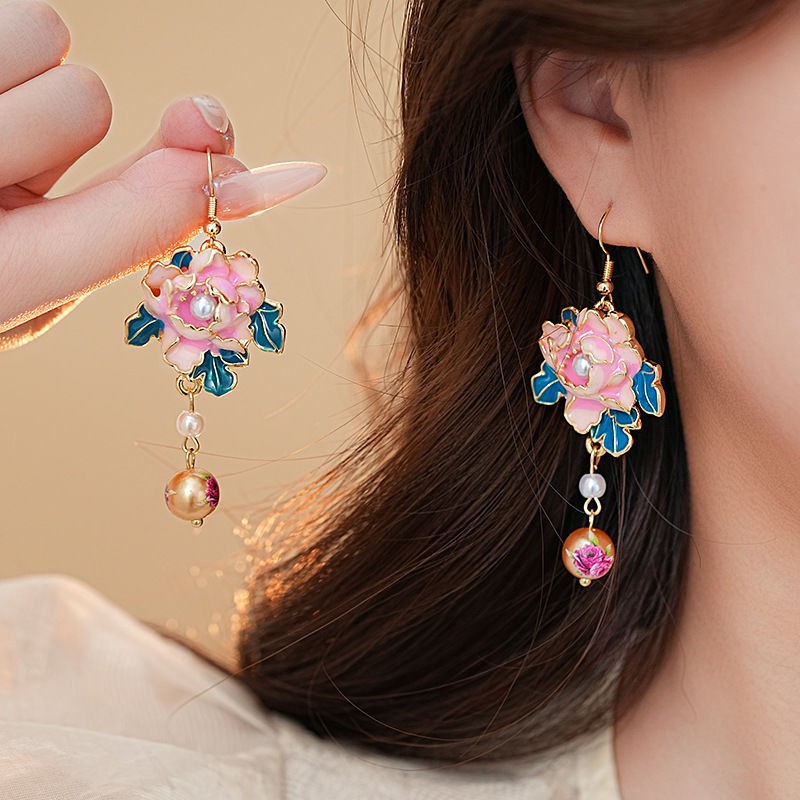 New Chinese Enamel Painted Flower Pearl Tassel Earrings
