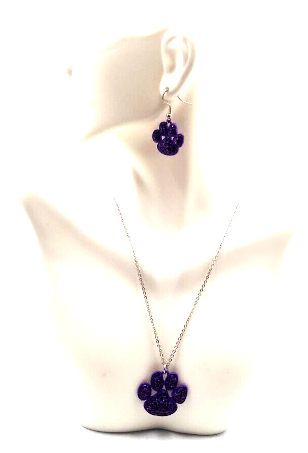 Precious Purple 20″ Silver Tone Chain Pet Dog Paw Pendant & Dangle Earrings Set
