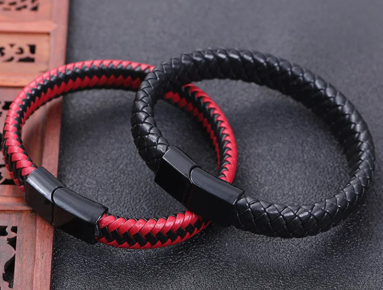 Set of 2 Red and Black Unisex Braided Leather Bracelet Magnetic Buckle Bracelets