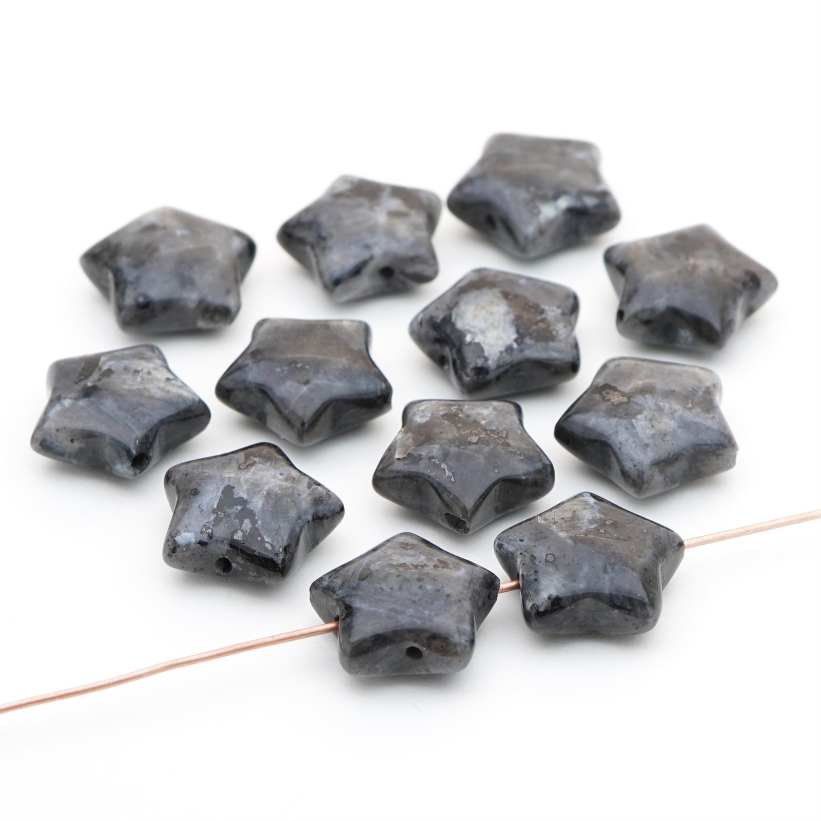 12 flat Norwegian moonstone star beads grey black larvikite stone avg 15mm