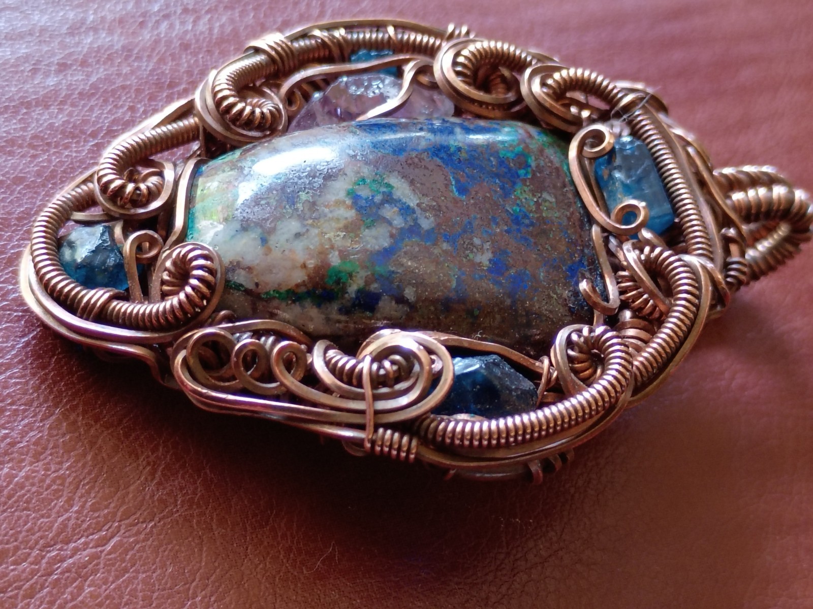 Azurite Malachite Appetite Amethyst Copper Wire wrap Pendant Statement Piece 2″