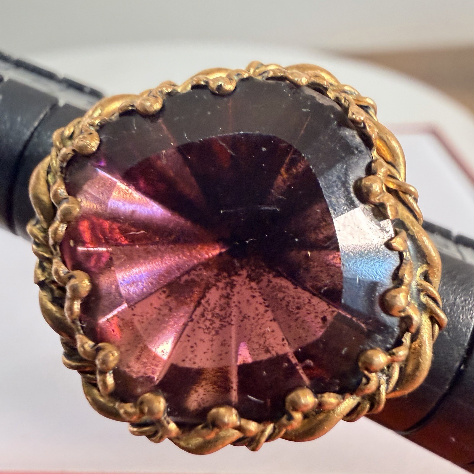 VTG West Germany Purple Porphyry Slag Glass Twisted Brass Shank Adjustable Ring