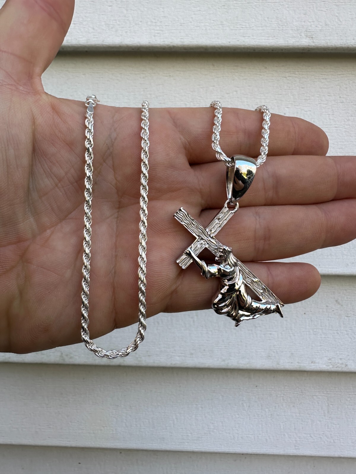 Jesus Carrying Cross Plain Crucifix Pendant Necklace 925 Sterling Silver 3 Sizes